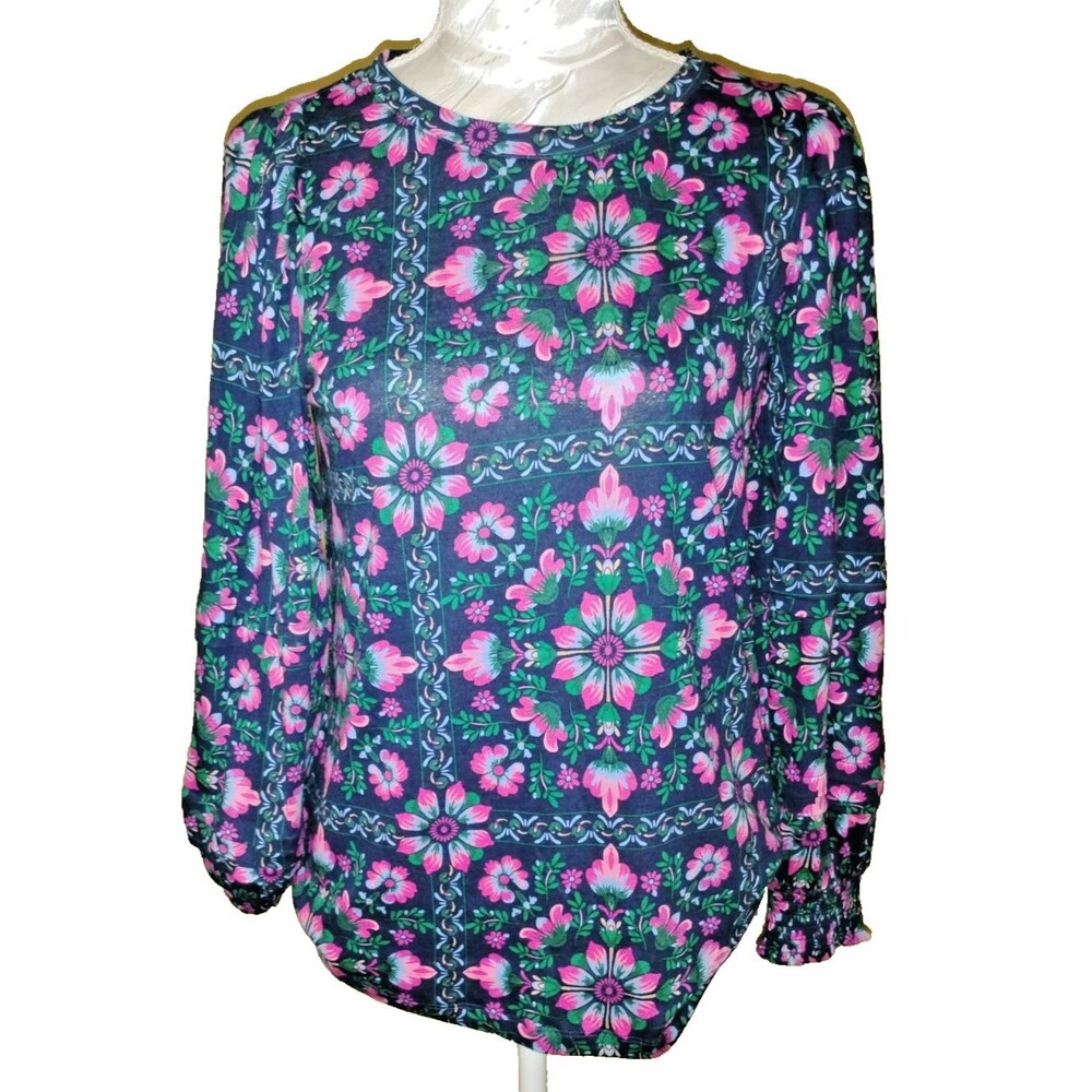 Crown & Ivy Black Floral Smocked Neck Long Sleeve Blouse Womens L Modal XS